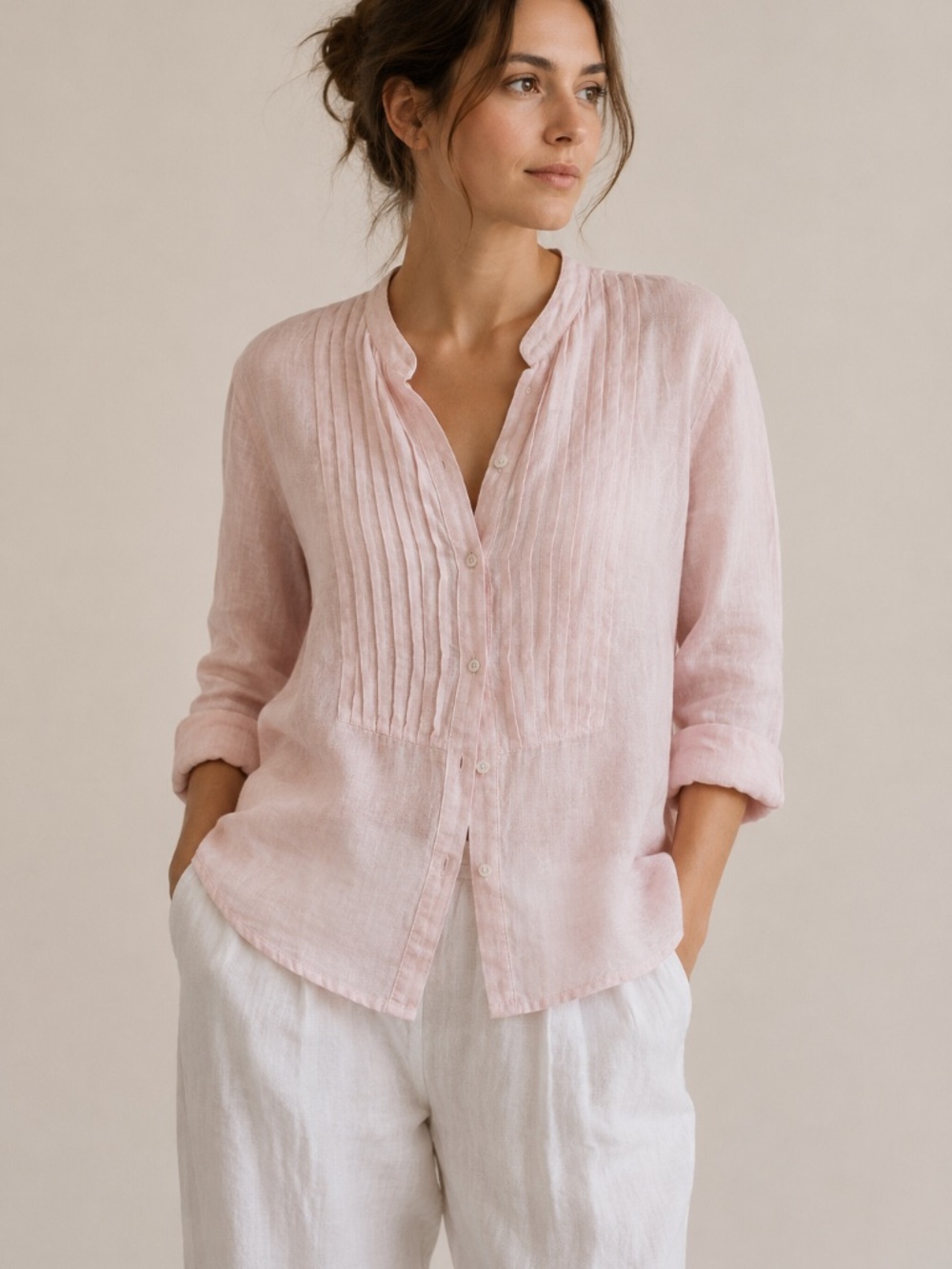120% Lino Pink 100% Linen Pintuck Button Front Blouse Shirt Made in Italy Size L